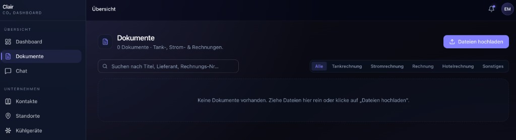 Dokumente-Seite mit Upload-Button und leerem Zustand