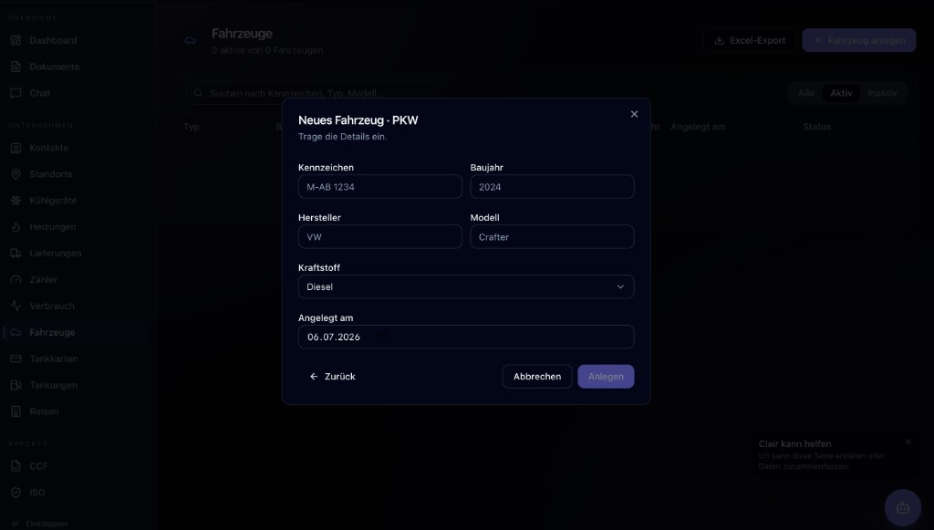 Formular für ein neues Fahrzeug (PKW)