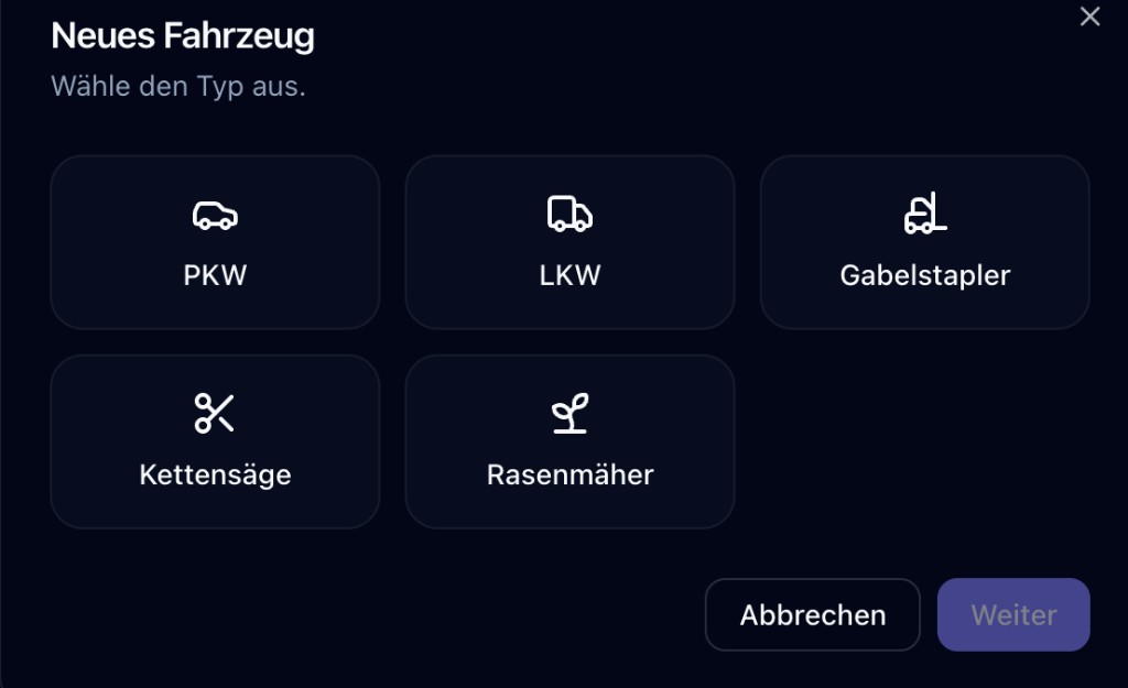 Typauswahl beim Anlegen eines neuen Fahrzeugs
