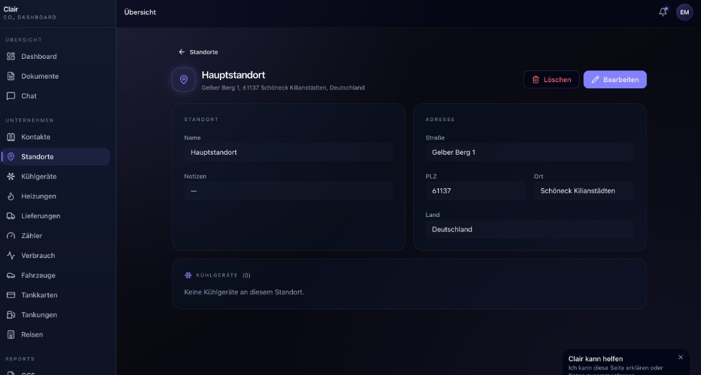 Standort-Detailansicht mit Name, Adresse und verknüpften Kühlgeräten