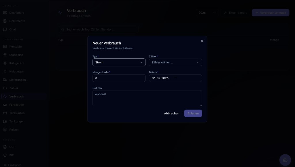 Dialog zum Anlegen eines neuen Verbrauchs